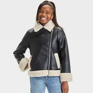 Girls' Solid Shearling Faux Leather Moto Jacket - art class Black xs